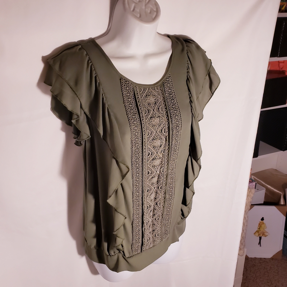 Olive Green Ruffle Blouse - Picture 3 of 7